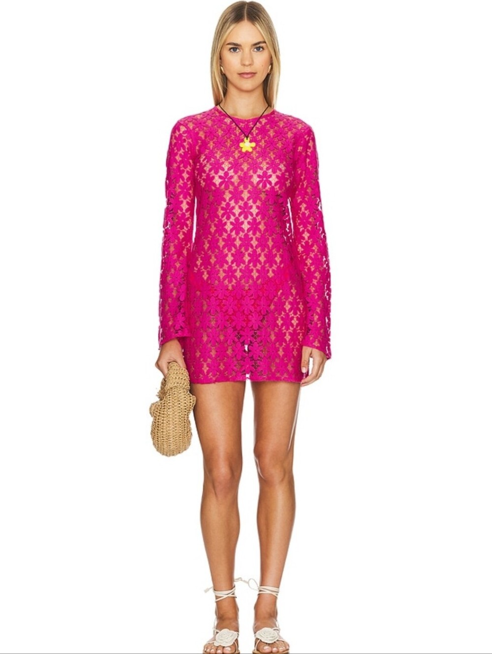 Beach Riot Goldie Floral Lace Mini Dress Bright Fuchsia Size S